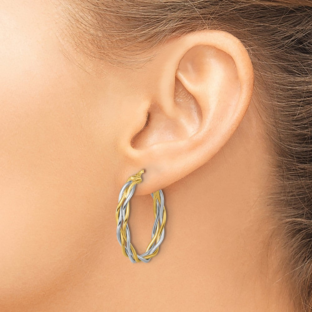 14K Bicolor mit Rhodium Poliert Gedreht Rund Creolen