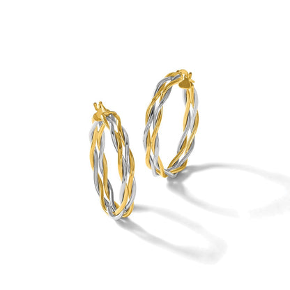 14K Bicolor mit Rhodium Poliert Gedreht Rund Creolen