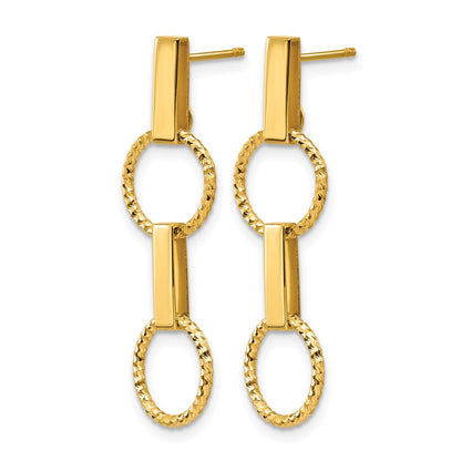 14K Gelbgold Poliert und Diamantiert Kreis Hängend Ohrstecker