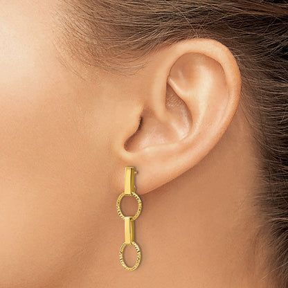 14K Gelbgold Poliert und Diamantiert Kreis Hängend Ohrstecker