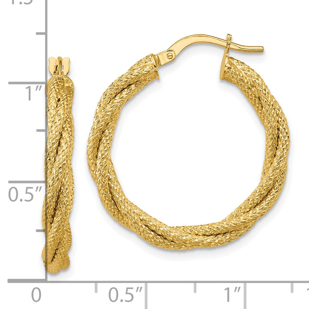 14K Gelbgold Poliert und Strukturiert Gedreht Rund Creolen