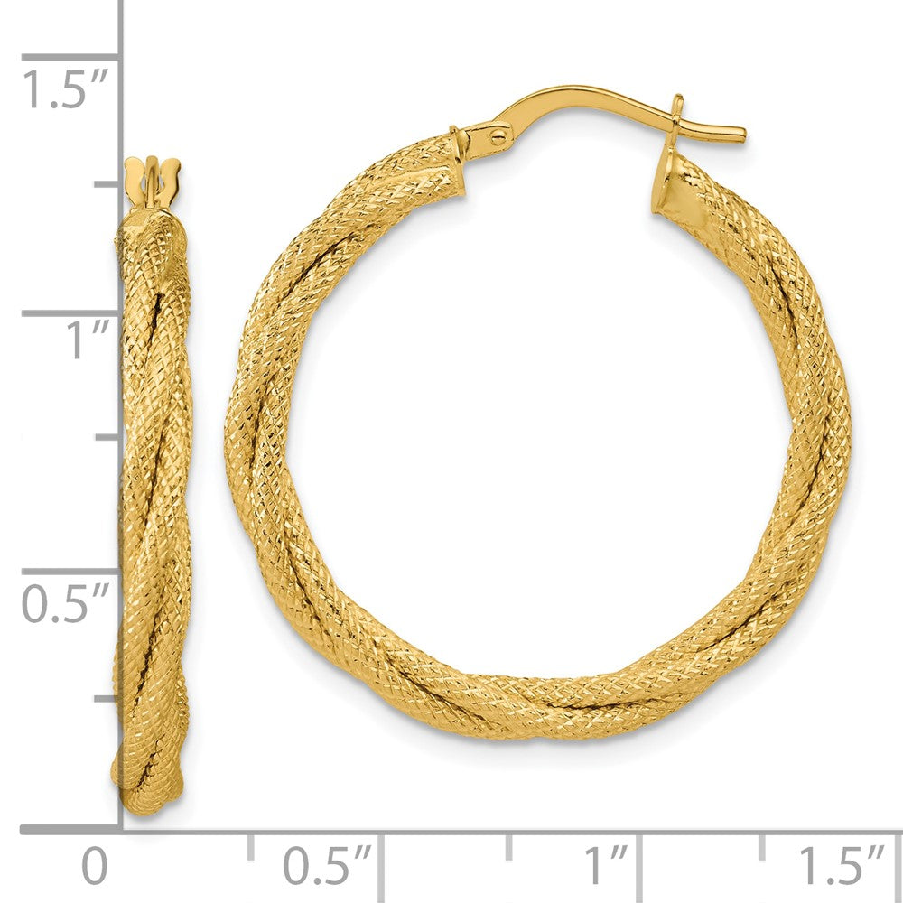 14K Gelbgold Poliert und Strukturiert Gedreht Rund Creolen