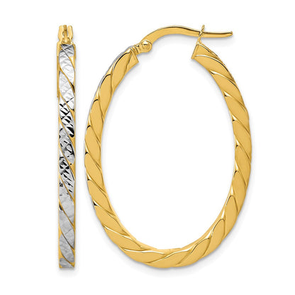 14K Gelb & Rhodium Poliert und Diamant Schliff Oval Creolen