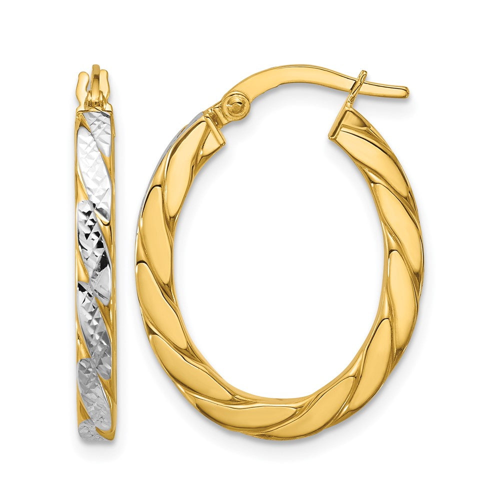 14K Gelb & Rhodium Poliert und Diamant Schliff Oval Creolen