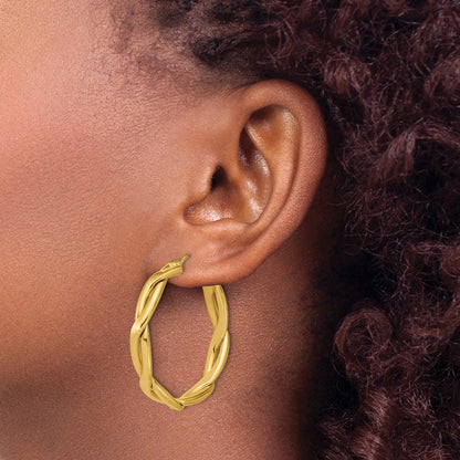 14K Gelbgold Poliert Fantasie Gedreht Rund Creolen