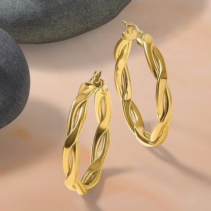 14K Gelbgold Poliert Fantasie Gedreht Rund Creolen