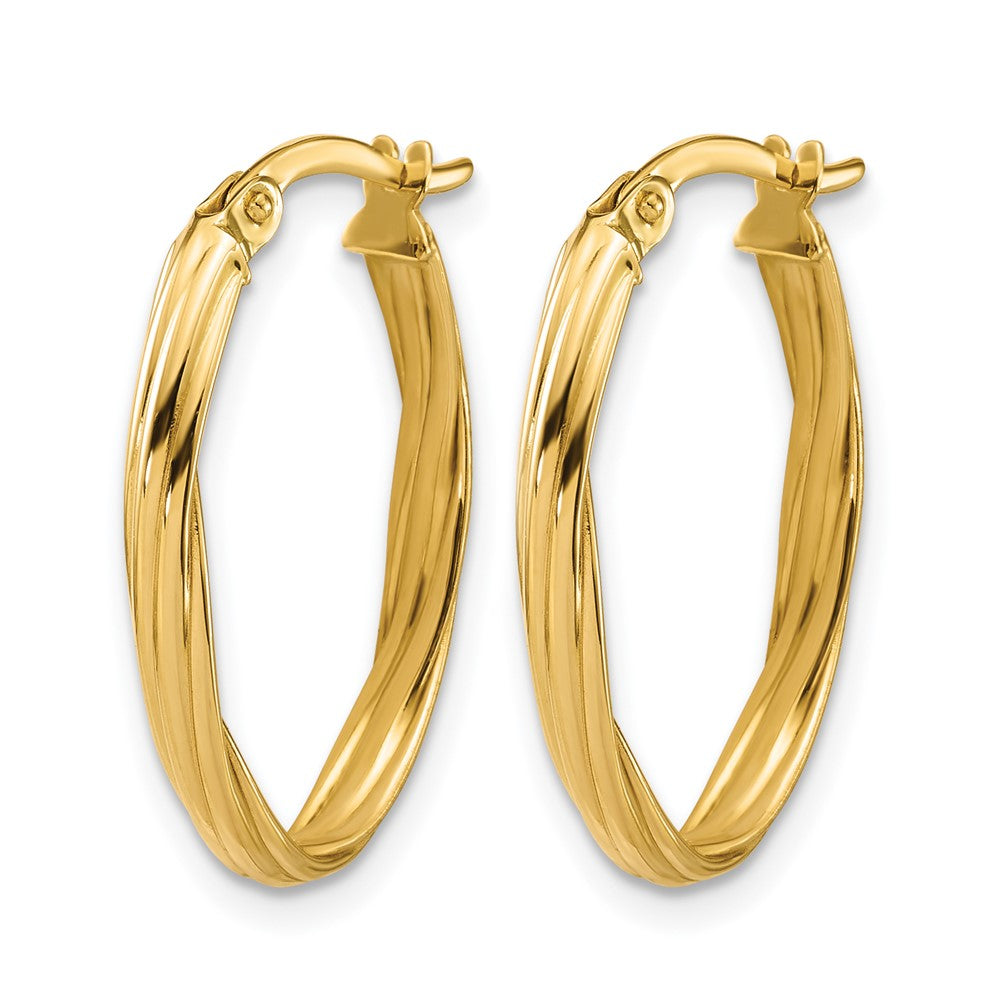 14K Gelbgold Poliert und Gerillt Gedreht Oval Creolen