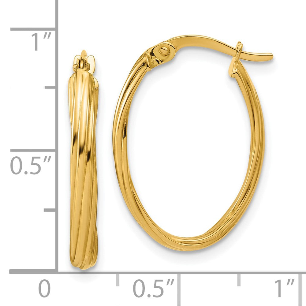 14K Gelbgold Poliert und Gerillt Gedreht Oval Creolen