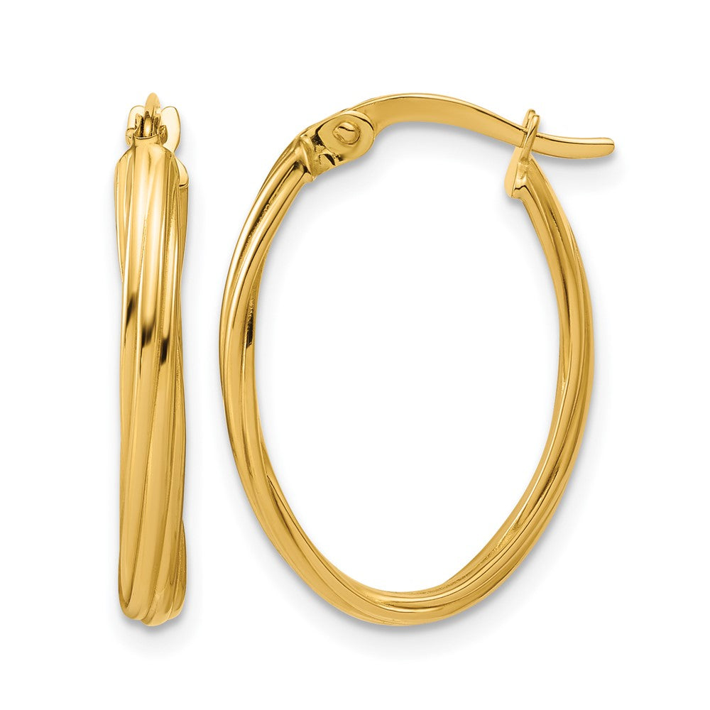 14K Gelbgold Poliert und Gerillt Gedreht Oval Creolen