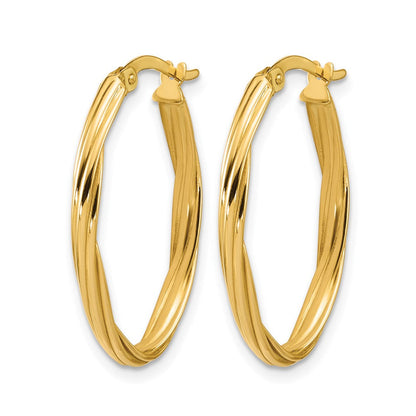 14K Gelbgold Poliert und Gerillt Gedreht Oval Creolen