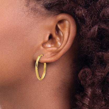 14K Gelbgold Poliert und Gerillt Gedreht Oval Creolen