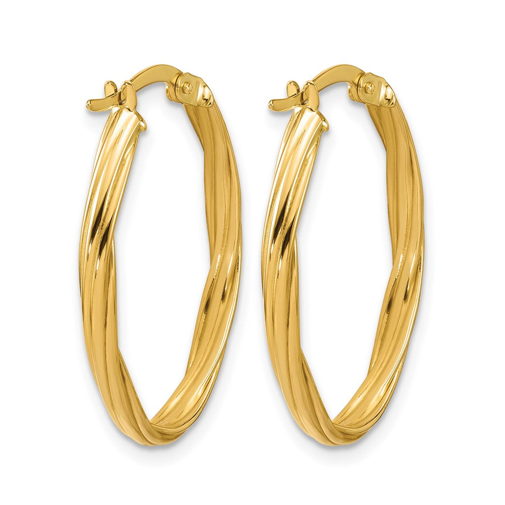 14K Gelbgold Poliert und Gerillt Gedreht Oval Creolen