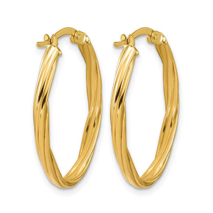 14K Gelbgold Poliert und Gerillt Gedreht Oval Creolen