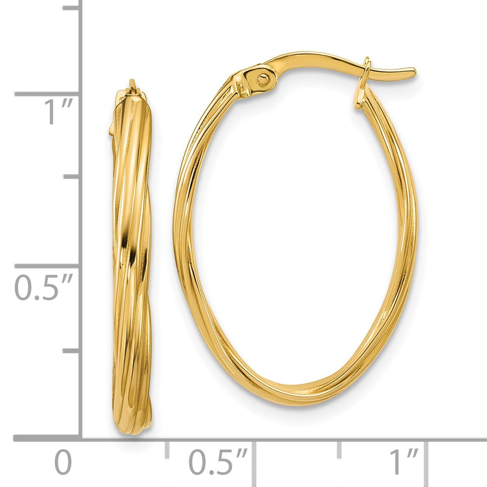 14K Gelbgold Poliert und Gerillt Gedreht Oval Creolen