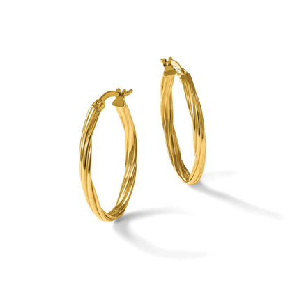 14K Gelbgold Poliert und Gerillt Gedreht Oval Creolen