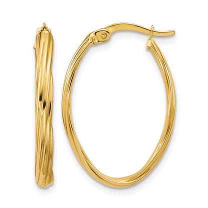 14K Gelbgold Poliert und Gerillt Gedreht Oval Creolen