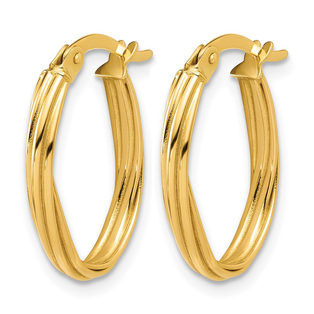 14K Gelbgold Poliert und Gerillt Gedreht Oval Creolen