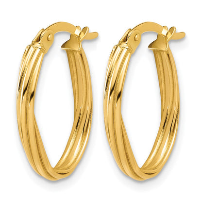14K Gelbgold Poliert und Gerillt Gedreht Oval Creolen