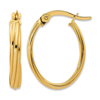 14K Gelbgold Poliert und Gerillt Gedreht Oval Creolen