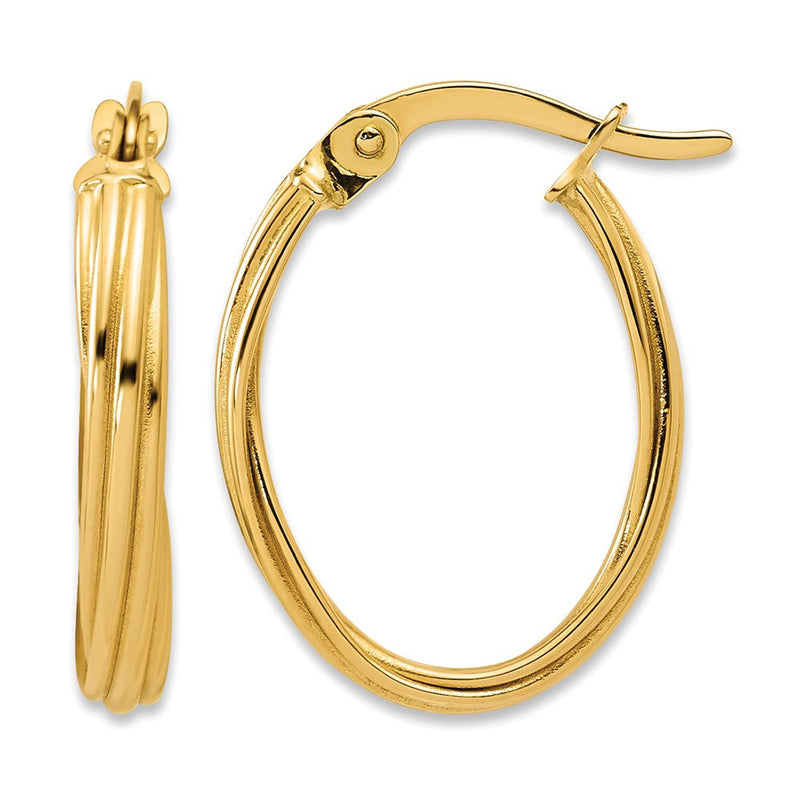 14K Gelbgold Poliert und Gerillt Gedreht Oval Creolen