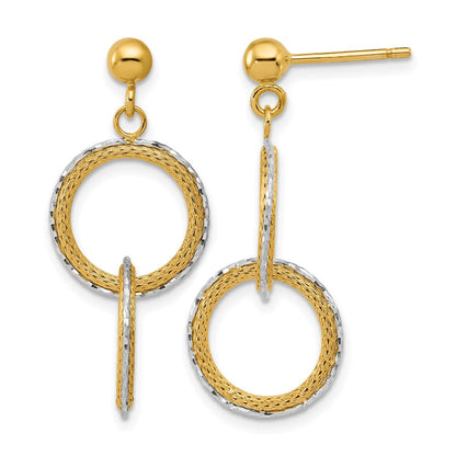 14K Bicolor 14ktt Poliert Gebürstet Diamantiert Kreise Stecker Ohrhänger