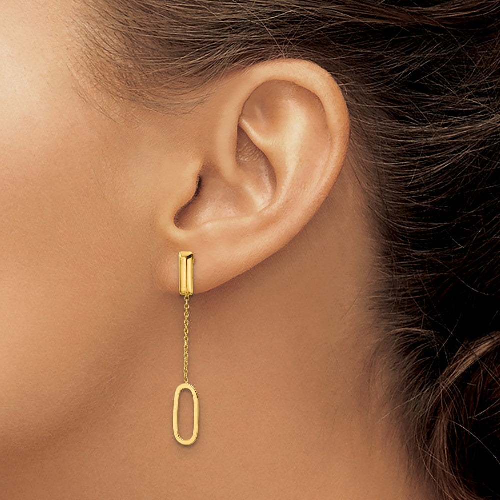 14K Gelbgold Poliert Länglich Oval und Stab Stecker Ohrhänger