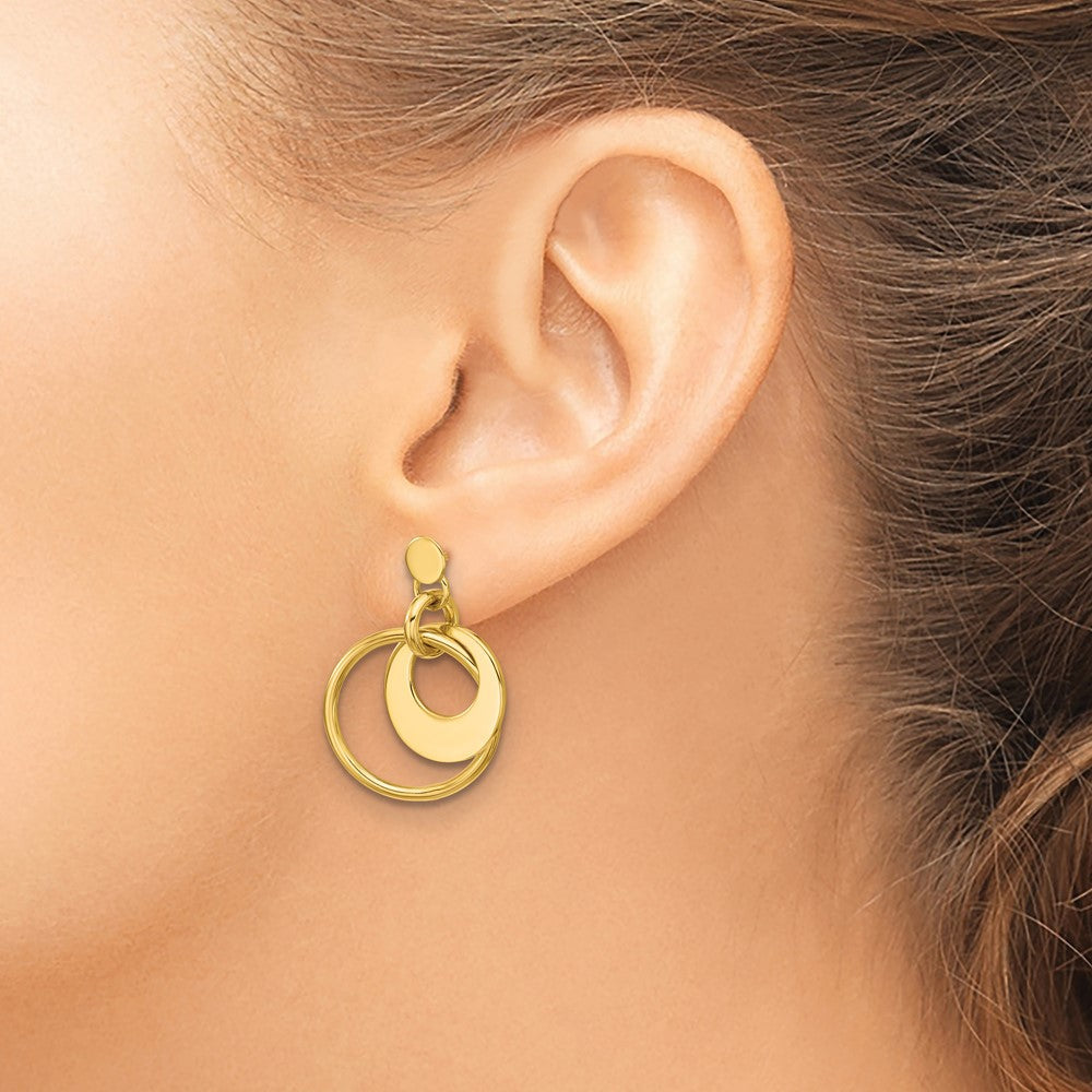 14K Gelbgold Poliert Fantasie Doppelt Kreis Stecker Ohrhänger