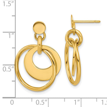 14K Gelbgold Poliert Fantasie Doppelt Kreis Stecker Ohrhänger