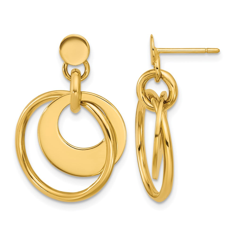 14K Gelbgold Poliert Fantasie Doppelt Kreis Stecker Ohrhänger