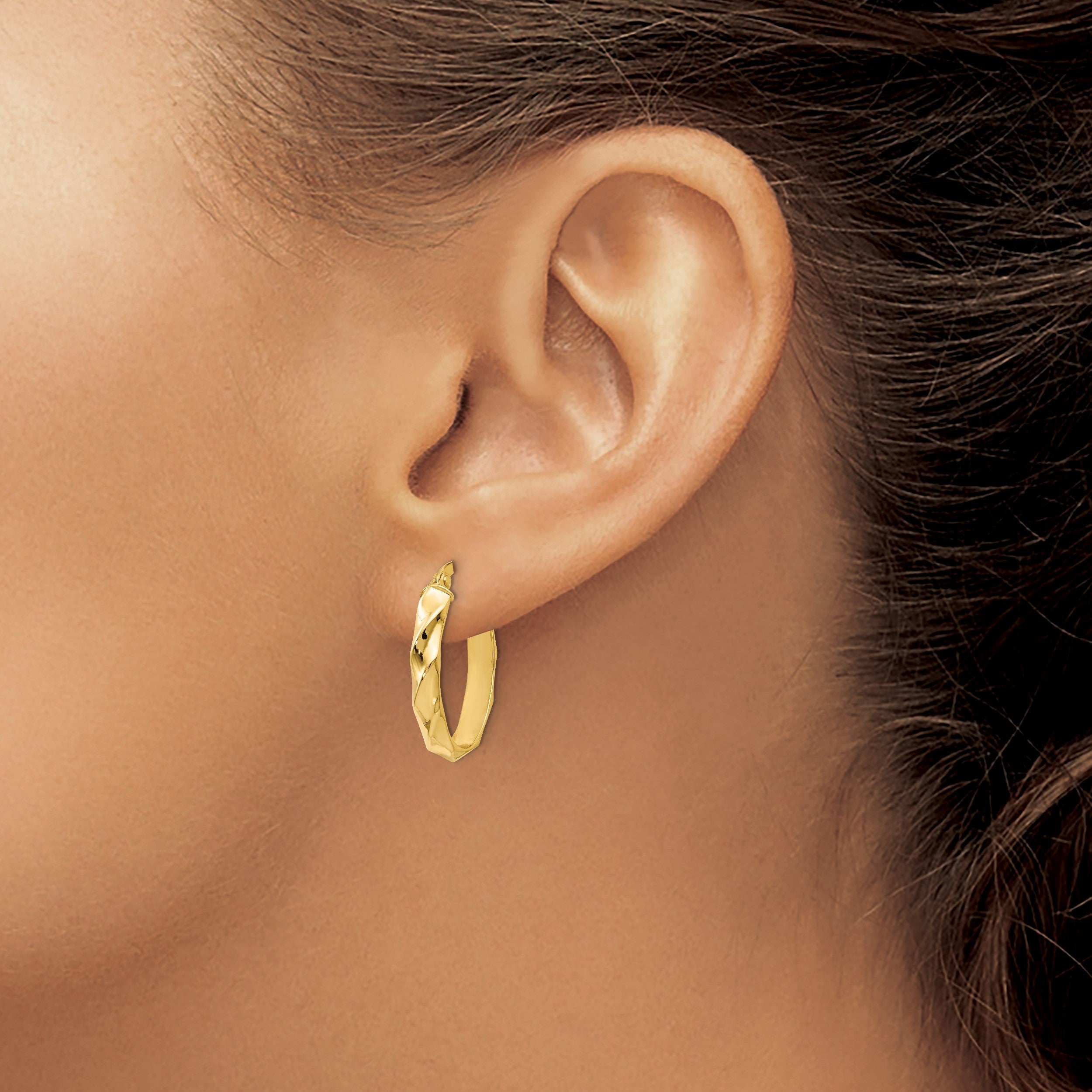 14K Gelbgold Poliert und Gedreht Oval Creolen