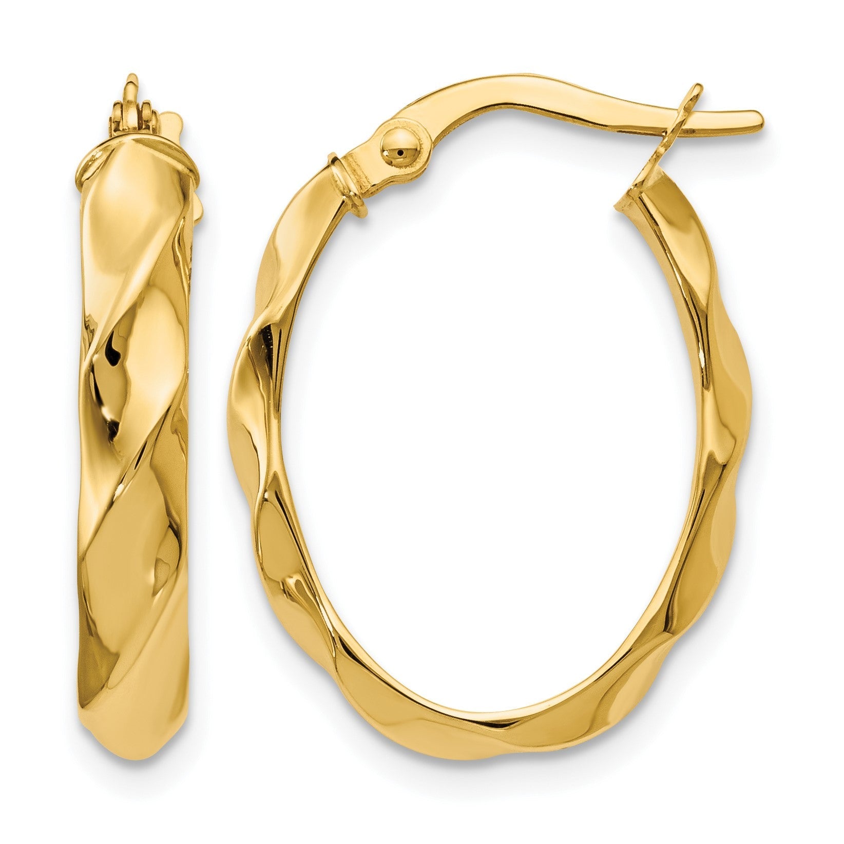 14K Gelbgold Poliert und Gedreht Oval Creolen