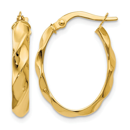 14K Gelbgold Poliert und Gedreht Oval Creolen