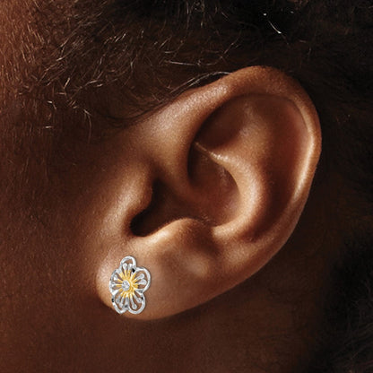 14K Gelb & Rhodium mit Weiß Poliert und Diamantiert Ohrstecker
