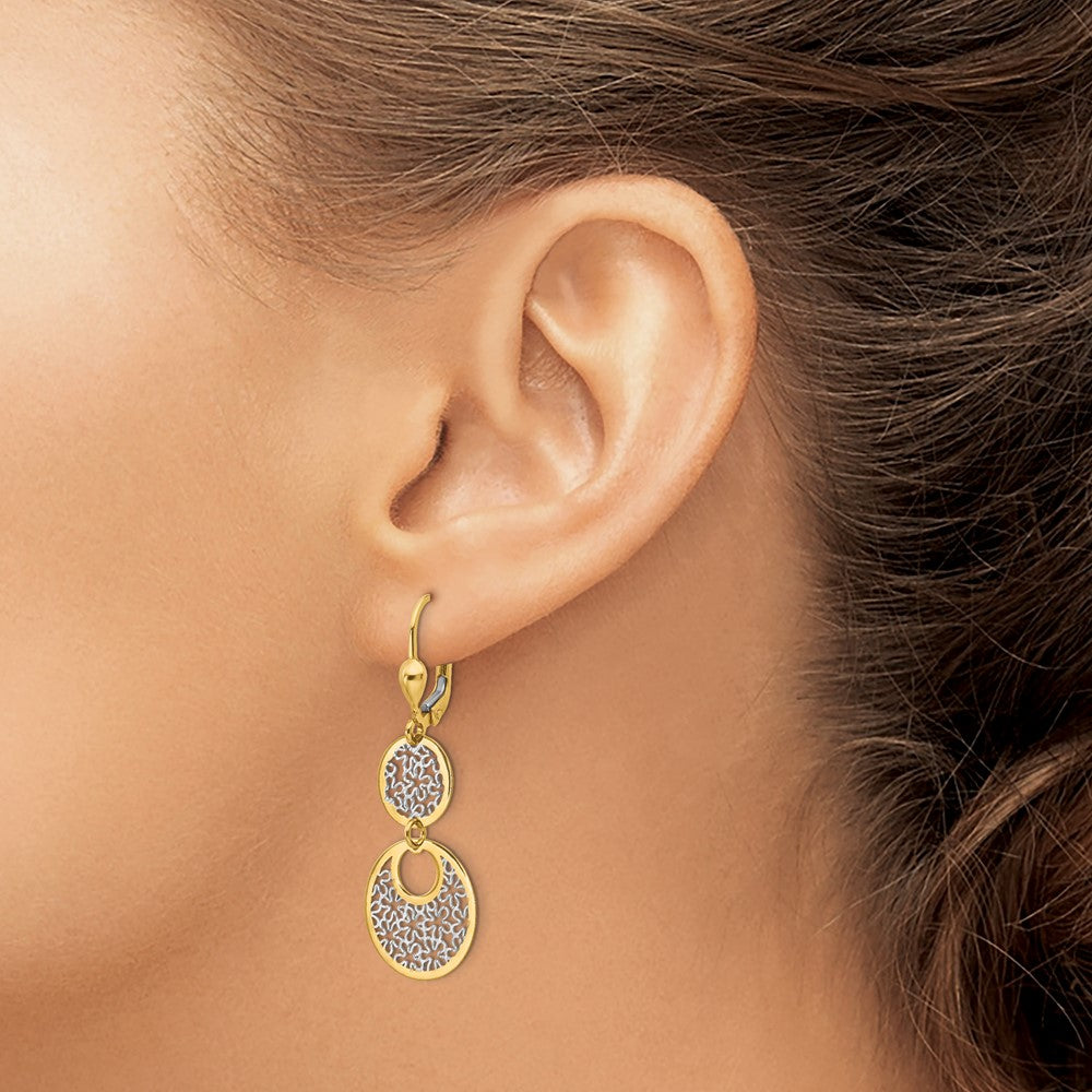 14K Gelb & Rhodium mit Weiß Poliert und Strukturiert Ohrhänger mit Brisur