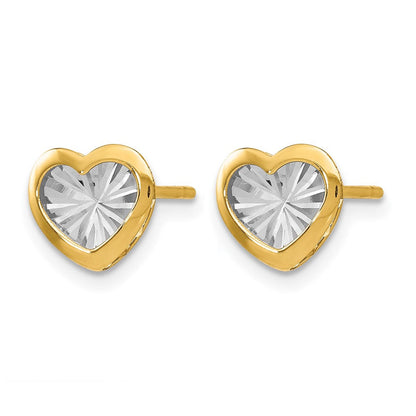 14K Gelb & Rhodium mit Weiß Poliert und Diamantiert Herz Ohrstecker