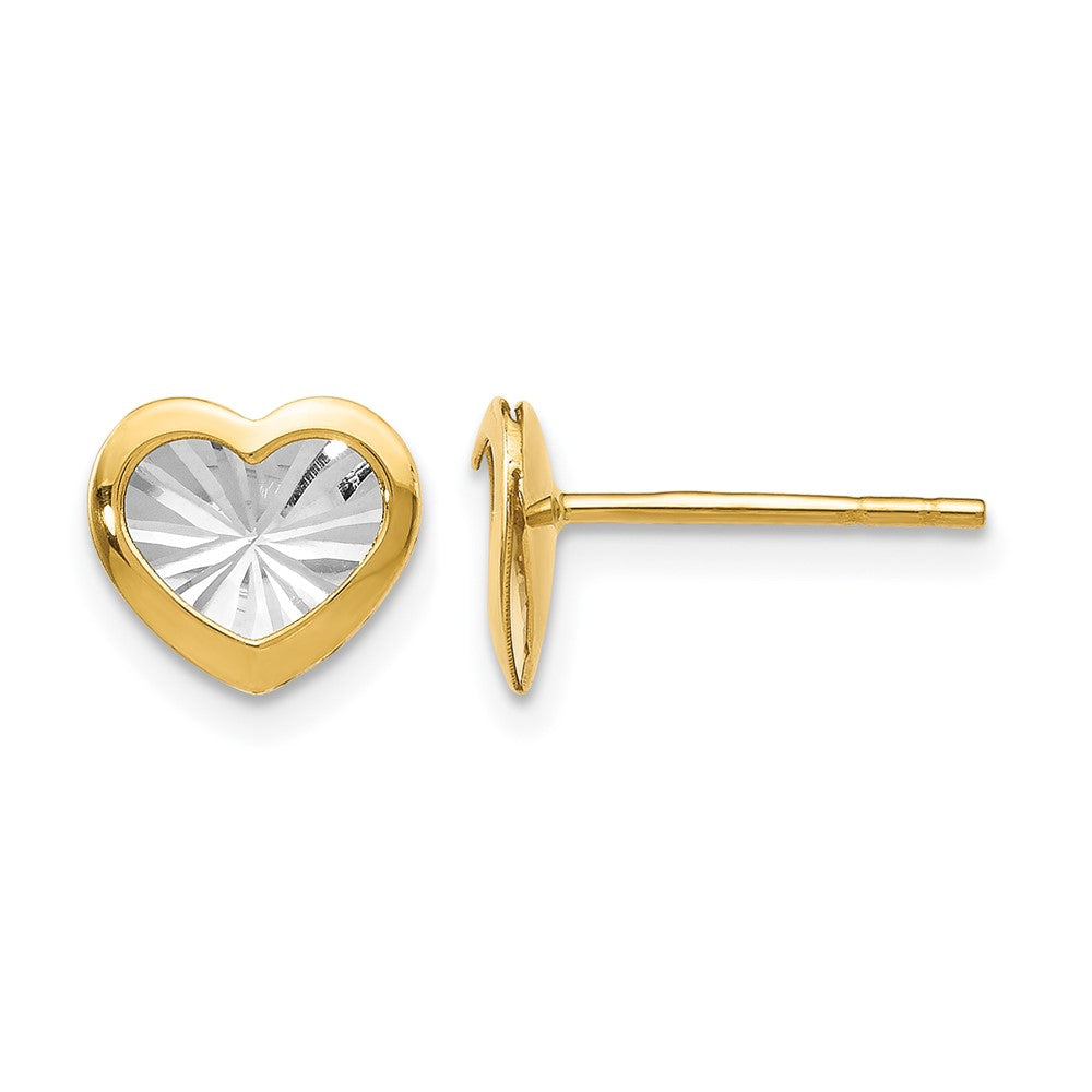 14K Gelb & Rhodium mit Weiß Poliert und Diamantiert Herz Ohrstecker