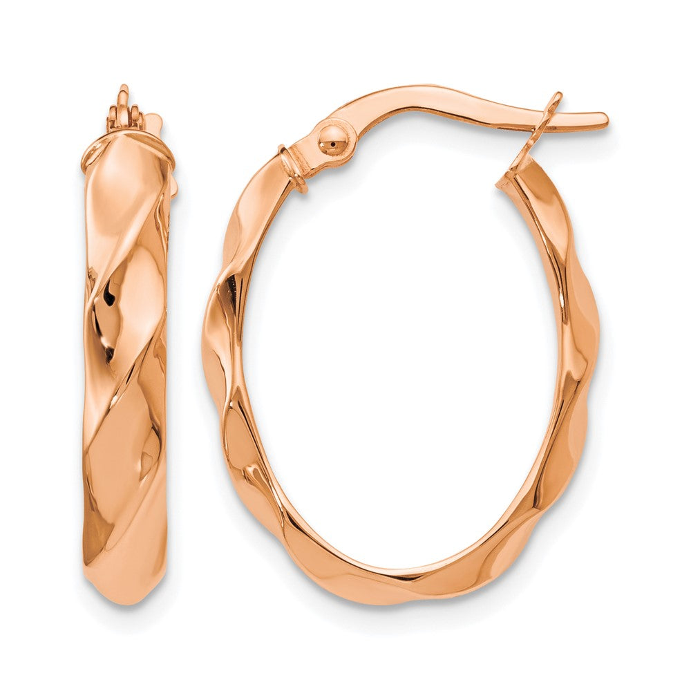 14K Roségold Poliert und Gedreht Oval Creolen