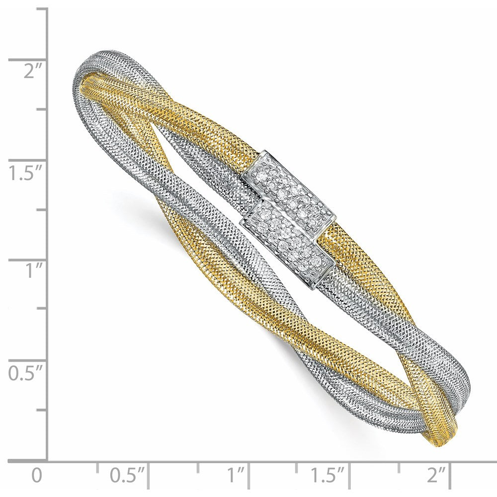 14K Gelb & Rhodium mit Weiß Zirkonia Poliert Netz Dehnbar Armband