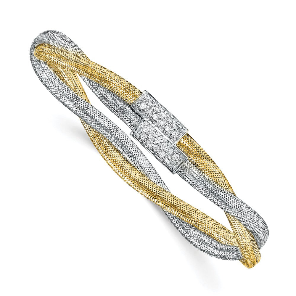 14K Gelb & Rhodium mit Weiß Zirkonia Poliert Netz Dehnbar Armband