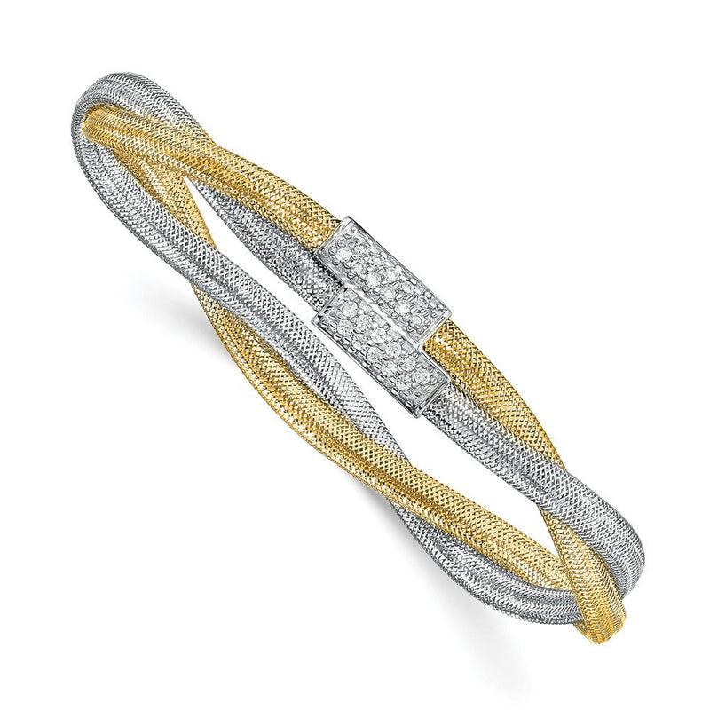 14K Gelb & Rhodium mit Weiß Zirkonia Poliert Netz Dehnbar Armband