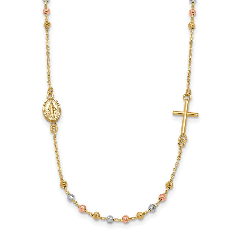 14K Tricolor Seitlich Kreuz Gekugelt Rosenkranz Style 18 Zoll Halskette
