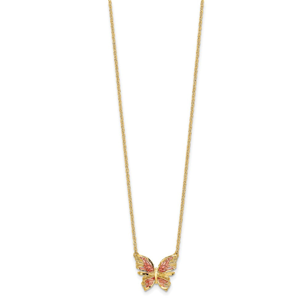 14K Gelbgold Poliert Diamantiert mit Rosa Emaille Schmetterling Halskette