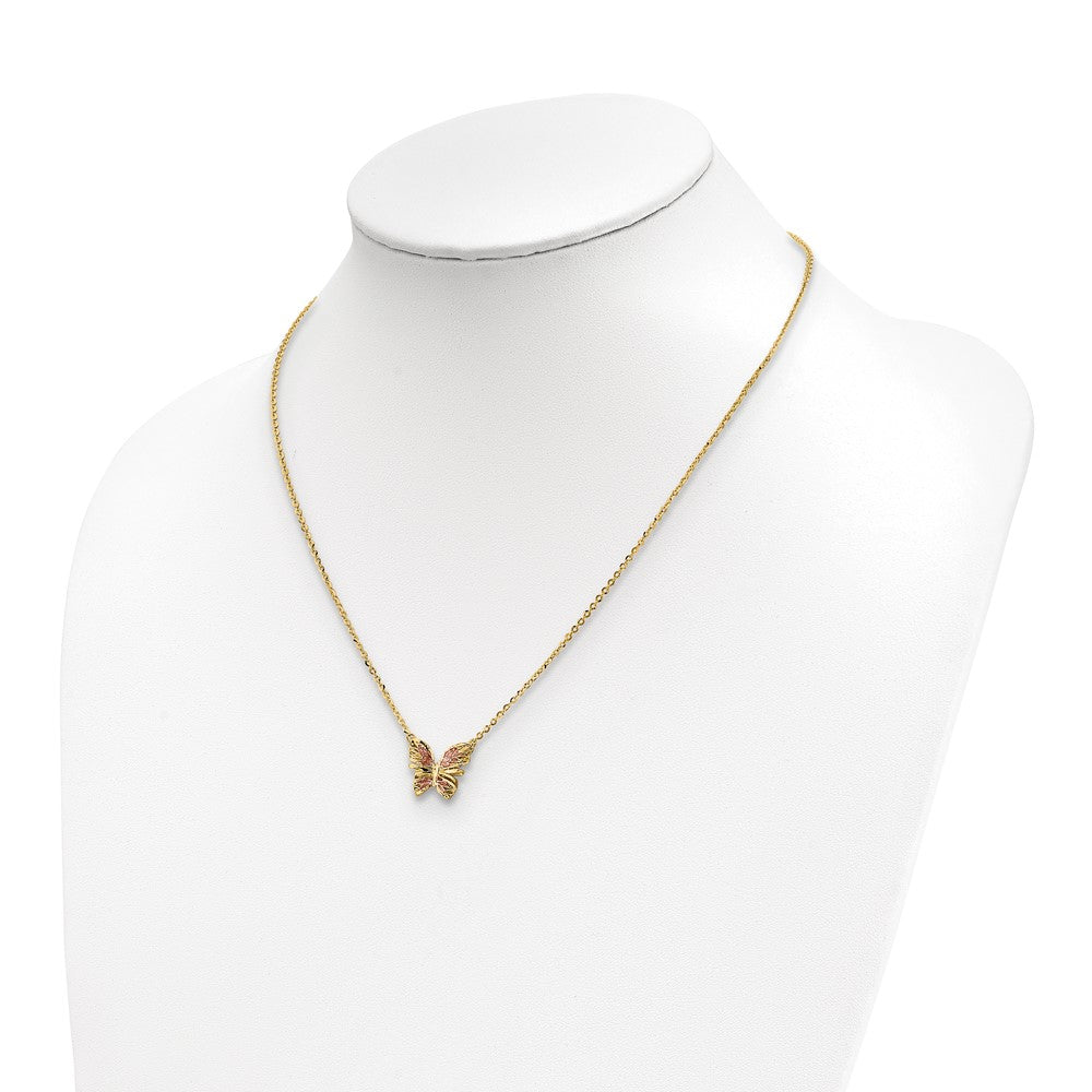 14K Gelbgold Poliert Diamantiert mit Rosa Emaille Schmetterling Halskette