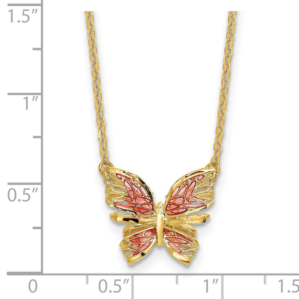 14K Gelbgold Poliert Diamantiert mit Rosa Emaille Schmetterling Halskette
