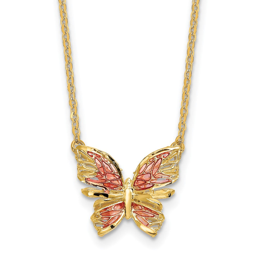 14K Gelbgold Poliert Diamantiert mit Rosa Emaille Schmetterling Halskette
