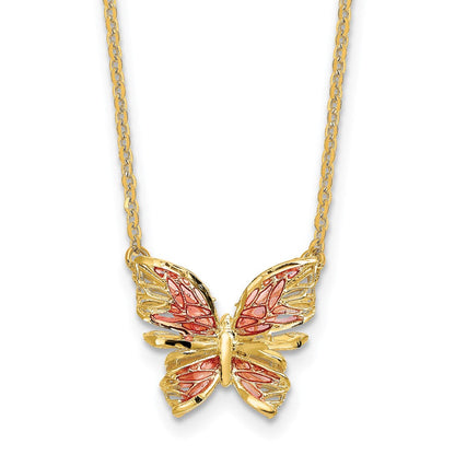 14K Gelbgold Poliert Diamantiert mit Rosa Emaille Schmetterling Halskette