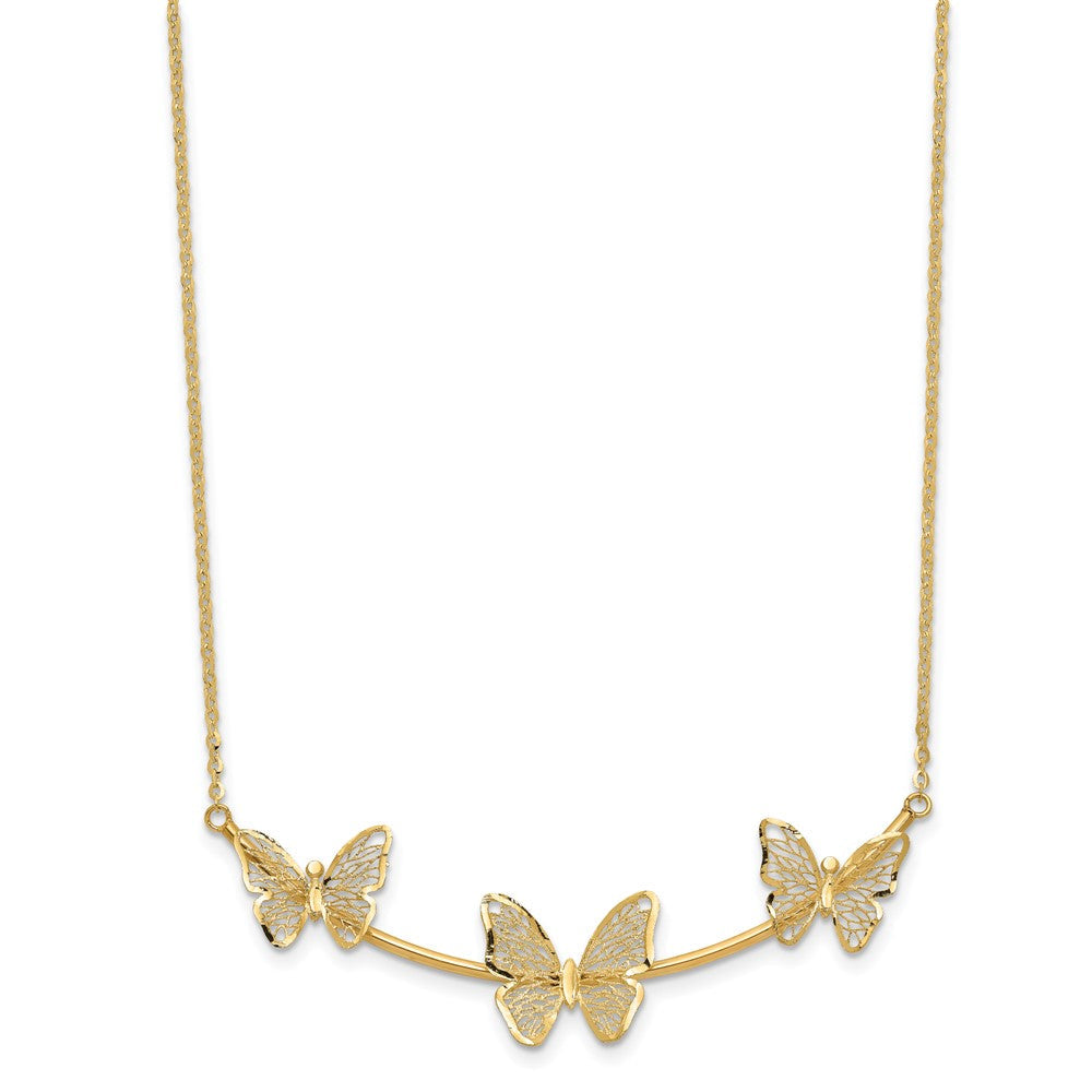 14K Gelbgold Poliert Filigran 3 Schmetterling Stab Halskette