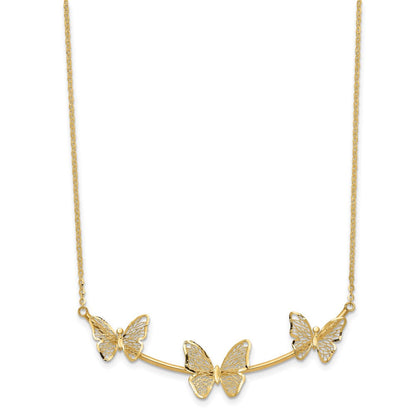 14K Gelbgold Poliert Filigran 3 Schmetterling Stab Halskette