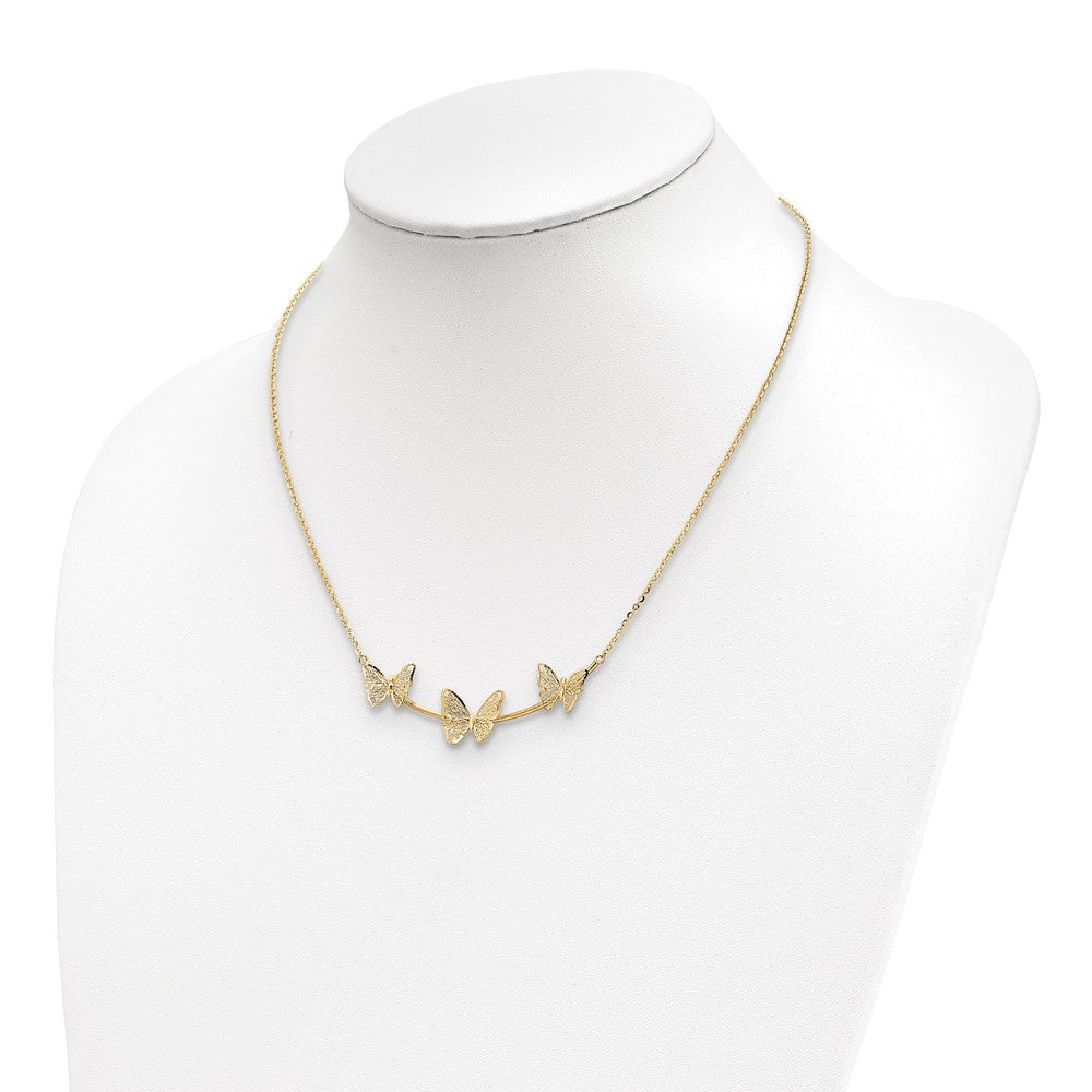 14K Gelbgold Poliert Filigran 3 Schmetterling Stab Halskette