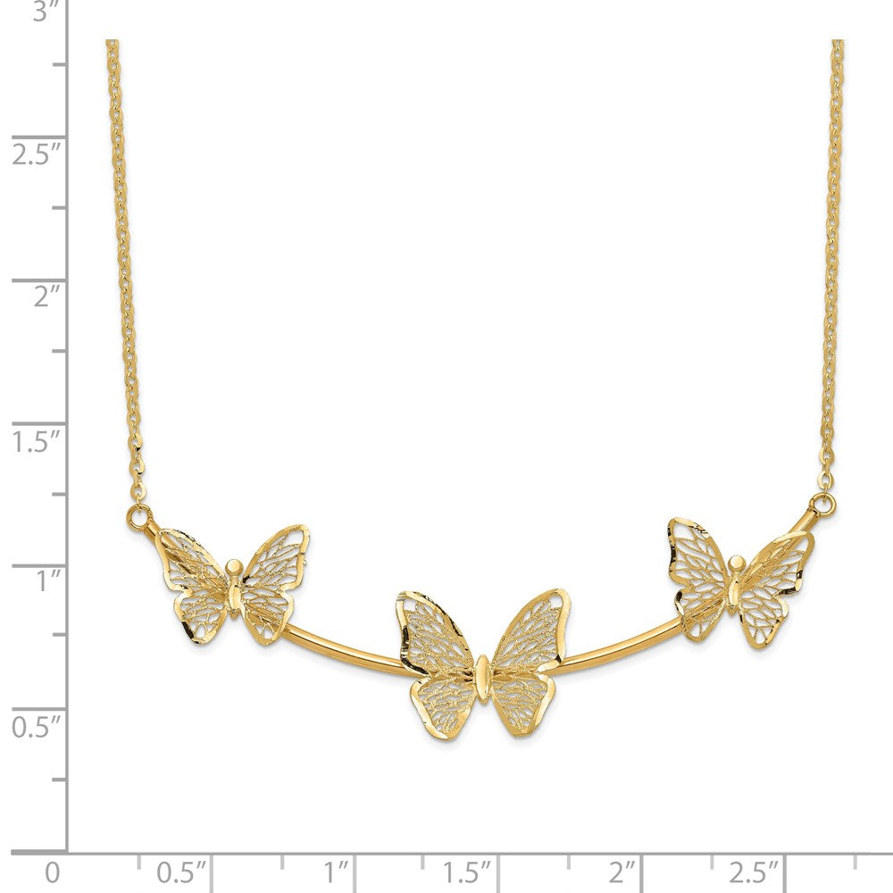 14K Gelbgold Poliert Filigran 3 Schmetterling Stab Halskette